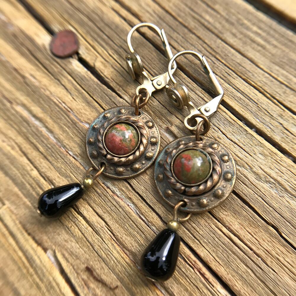 Artisan semiprecious Unakite and bronze tone dangle earrings